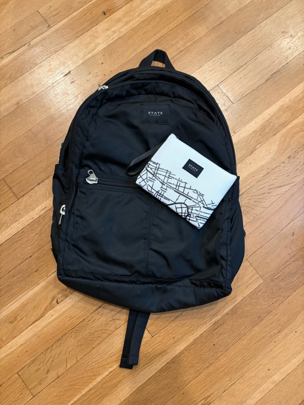 STATE Black Nylon Backpack with White Map Pouch